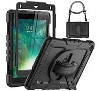 Seymac Coque de protection robuste pour iPad 9,7" 2018/2017, avec dragonne rotative à 360°, support, bandoulière, protection d’écran et porte-stylet Apple, pour iPad de 5e/6e génération iPad 9.7'' 2017/2018, iPad Air 2, iPad Pro 9.7'' Noir