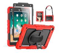 Seymac Coque pour iPad 9,7" 2018/2017, Rotation à 360 degrés avec béquille [dragonne et bandoulière] avec Protection d'écran, Coque de Protection intégrale Antichoc pour Nouvel iPad Air 2, Rouge