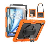 SEYMAC Coque pour iPad Air 13" M2 (2024), Coque de Protection résistante aux Chocs avec Protecteur d'écran, Support Rotatif à 360°, dragonne/bandoulière et Porte-Stylo pour iPad Air 13 2024, Orange