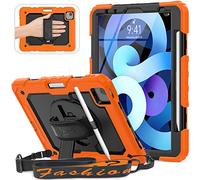 SEYMAC Coque pour iPad Air 5ème 2022/ iPad Air 4ème en 2020 10.9 Pouces, Supporte Charge sans Fil Pencil 2, iPad Pro 11 2020/2018 étui, Protecteur D'écran, Dragonne, Support, Bandoulière, Orange