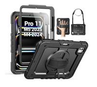 SEYMAC Coque pour iPad Pro 11" 2024 (M4), Coque de Protection résistante aux Chocs avec Protecteur d'écran, Support Rotatif à 360°, dragonne/bandoulière et Porte-Stylo pour iPad Pro 11 2024, Noir
