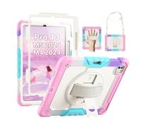 SEYMAC Coque pour iPad Pro 13" 2024 M4 (7ème génération), coque de protection résistante aux chocs avec protecteur d'écran, support rotatif à 360°, dragonne/porte-stylo, coloré/rose