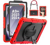 SEYMAC Coque pour Samsung Galaxy Tab A9 Plus /A9+ 11 Pouces 2023, Coque Antichoc avec Protecteur D'écran, Support Rotatif à 360°/Dragonne, Bandoulière, avec Porte-Stylo, Rouge