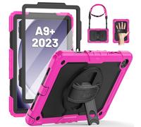 SEYMAC Coque pour Samsung Galaxy Tab A9 Plus /A9+ 11 Pouces 2023, Coque Antichoc avec Protecteur D'écran, Support Rotatif à 360°/Dragonne, Bandoulière, avec Porte-Stylo, Noir/Rose