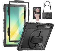SEYMAC Coque pour Samsung Galaxy Tab S10 FE+ Plus 13,1" 2025, Coque Antichoc avec Protecteur D'écran, Support Rotatif à 360°/Dragonne, Bandoulière, Porte-Stylo, Noir