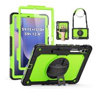 SEYMAC Coque pour Samsung Galaxy Tab S9 FE+ Plus/Tab S9+ Plus 12,4" version 2023, coque de protection résistante aux chocs avec protecteur d'écran, support, dragonne/bandoulière et porte-stylo, vert