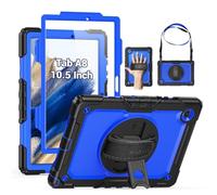 SEYMAC Étui pour Galaxy Tab A8 10,5" 2021 SM-X200/ SM-X205/ SM-X207 avec film protecteur d'écran [Support rotatif à 360 degrés et dragonne] Porte-stylo bandoulière pour tablette Samsung A8 10.5" Noir/Bleu