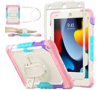 SEYMAC stock Coque pour iPad 9ème/8ème/7ème Génération 10,2 Pouces 2021/2020/2019, Coque Antichoc avec Protecteur D'écran, Support Rotatif à 360°/Dragonne, Porte-Crayon et Bandoulière, Rose+Beige