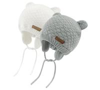 SEYUFN Bonnets d'hiver pour bébé garçon,Filles en Bas âge,Chapeaux tricotés Chauds pour bébé, Casquette doublée en Polaire avec Cache-Oreilles (FR/ES, Âge, 6 Mois, 12 Mois, Blanc+Gris)