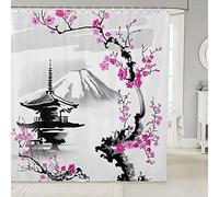 SEYUMI Rideau de Douche Mont Fuji, Japon Rideau Douche 3D Fleurs de Cerisier Anti Moisissure Tissu Polyester Rideau Salle de Bain pour Baignoire, Rideaux de Douche 180x200 avec 12 Crochets