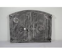 SEZAM double porte lumineuse pour fours en fonte avec thermomètre 500 °C - avec verrou demi-rond, porte four à pizza - four à pain - porte four en pierre, 48 x 3 x 38 cm, argent peint