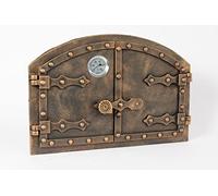 SEZAM Porte de four double en fonte avec thermomètre 500 °C, avec loquet de porte, aspect rivet, porte de four à pizza - four à pain - porte de four en pierre, 53,2 x 5,5 x 35,5 cm, peinture cuivrée