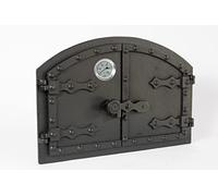SEZAM Porte de four double en fonte avec thermomètre 500 °C, avec loquet de porte, aspect rivet, porte de four à pizza - four à pain - porte de four en pierre, 53,2 x 5,5 x 35,5 cm, peinture noire