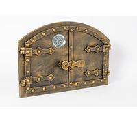 SEZAM Porte de four double en fonte avec thermomètre 500 °C, avec loquet de porte, aspect rivet, porte de four à pizza, four à pain, porte de four en pierre, 53,2 x 5,5 x 35,5 cm, peinture ancienne or