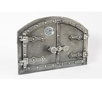 SEZAM Porte de four double en fonte avec thermomètre 500 °C, avec loquet de porte, porte de four à pizza - four à pain - porte de four en pierre, 53,2 x 5,5 x 35,5 cm, peinture argentée ancienne