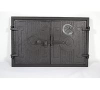 SEZAM Porte de four double en fonte avec thermomètre 500 °C avec loquet de porte, rectangulaire, porte de four à pizza - four à pain - porte de four en pierre, 42 x 3 x 27,2 cm, peint en noir