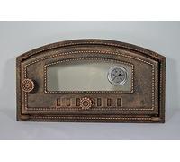 SEZAM Porte de four en fonte avec thermomètre 500°C, verre résistant à la chaleur, ouverture vers la droite, porte à pizza, four à pain, porte en pierre 48,5 x 6,5 x 27,5 cm, Demi-rond couleur cuivre