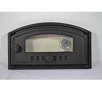 SEZAM Porte de four en fonte avec thermomètre 500°C, verre résistant à la chaleur, ouverture vers la droite, porte à pizza, four à pain, porte en pierre, 48,5 x 6,5 x 27,5 cm, Demi-rond peinture noire