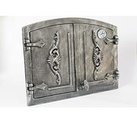 SEZAM Porte de fumoir double en fonte avec thermomètre 500 °C, avec loquet de porte, semi-circulaire, porte pour fumoir - porte de four - porte de four en pierre, 41 x 4 x 55 cm, argent antique peint