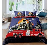 Sezhiqeu Housse de Couette 140x200 Camion de Pompiers Combattant L'incendie, Parure de Lit Camion de Pompier de Dessin Animé 1 Personne en Microfibre Douce Imprimée 3D avec 2 Taies d'oreiller G1495