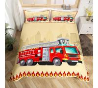 Sezhiqeu Housse de Couette 140x200 Camion de Pompiers pour Enfants, Parure de Lit Camion de Pompier de Dessin Animé 1 Personne en Microfibre Douce Imprimée 3D avec 2 Taies d'oreiller G1081