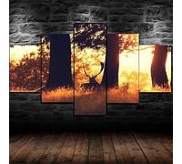 SFgFGfcghC Ensemble d'art sur Toile en 5 pièces, Art Mural Non tissé 3D, Peinture d'animal de la forêt au Lever du Soleil, prêt à accrocher, Cadre en Bois,L