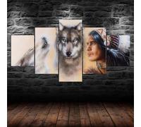 SFgFGfcghC Salon Chambre Tête de Lit Art Mural Ensemble de 5 Pièces Décoration Murale Homme Indien et l'esprit du Loup Thème de Loups Jumeaux Comprend des Cadres,M