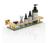 SFGSOWOR Étagère de salle de bain en verre doré bruyant de 40,6 cm avec balustrade en acier inoxydable, verre flottant trempé, décoration moderne, étagère de salle de bain, évier au-dessus des