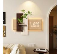 SFJATTA Décoration Murale 3D avec Horloge numérique et éclairage LED - Grande Sculpture-Tableau Murale Moderne avec étagère pour Plantes - pour Salle à Manger et entrée(Natural,75 * 56cm)