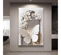 SFJATTA Décoration murale 3D effet papillon et rose - Impression sur toile au rendu texturé grès, style moderne et crémeux - Tableau floral minimaliste encadré pour salon, chambre(Gray,80 * 120cm)