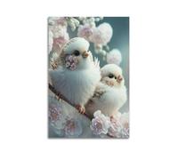 sfjjkh Poster animal avec deux oiseaux blancs duveteux parmi des fleurs roses - Art mural esthétique sur toile pour salon, chambre à coucher, 50 x 75 cm - Style sans cadre