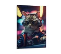 sfjjkh Poster animal chat cyberpunk dans une veste en cuir avec casque d'écoute - Art mural esthétique sur toile pour salon, chambre à coucher - 60 x 90 cm - Style cadre