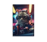 sfjjkh Poster animal chat cyberpunk dans une veste en cuir avec casque d'écoute - Art mural esthétique sur toile pour salon, chambre à coucher, 50 x 75 cm - Style sans cadre