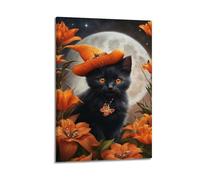 sfjjkh Poster animal chat noir dans un chapeau de sorcière orange par Moon - Art mural esthétique sur toile pour salon, chambre à coucher, 50 x 75 cm - Style cadre
