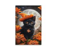 sfjjkh Poster animal chat noir dans un chapeau de sorcière orange par Moon - Art mural esthétique sur toile pour salon, chambre à coucher, 50 x 75 cm - Style sans cadre