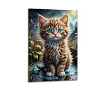 sfjjkh Poster animal chaton moelleux par Blue Water Puddle - Art mural esthétique sur toile pour salon, chambre à coucher - 40 x 60 cm - Style cadre