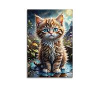 sfjjkh Poster animal chaton pelucheux de Blue Water Puddle - Art mural esthétique sur toile pour salon, chambre à coucher, 30 x 45 cm - Style sans cadre