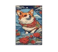 sfjjkh Poster animal Corgi en Ukiyo-e japonais - Art mural sur toile esthétique pour salon, chambre à coucher - 20 x 30 cm - Style artistique - Sans cadre