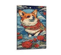 sfjjkh Poster animal Corgi en Ukiyo-e japonais - Art mural sur toile esthétique pour salon, chambre à coucher - 20 x 30 cm - Style artistique avec cadre