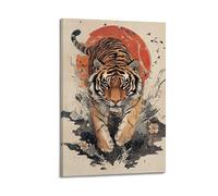 sfjjkh Poster animal de style japonais tigre courant sous le soleil rouge - Art mural esthétique sur toile pour salon, chambre à coucher - 40 x 60 cm - style cadre