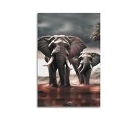 sfjjkh Poster animal deux éléphants debout dans une rivière - Art mural esthétique sur toile pour salon, chambre à coucher, 60 x 90 cm - Style sans cadre