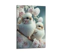 sfjjkh Poster animal deux oiseaux blancs duveteux parmi des fleurs roses - Art mural esthétique sur toile pour salon, chambre à coucher - 30 x 45 cm - Style cadre