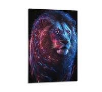 sfjjkh Poster animal lion néon avec lumières rouges et bleues - Art mural esthétique sur toile pour salon, chambre à coucher, 50 x 75 cm - Style cadre