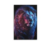 sfjjkh Poster animal lion néon avec lumières rouges et bleues - Art mural esthétique sur toile pour salon, chambre à coucher, 50 x 75 cm, style sans cadre