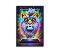 sfjjkh Poster animal lion néon avec lunettes de soleil et hibou - Art mural esthétique sur toile pour salon, chambre à coucher - 40 x 60 cm - Style sans cadre