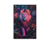 sfjjkh Poster animal lion néon dans la jungle vibrante - Art mural esthétique sur toile pour salon, chambre à coucher - 60 x 90 cm - Style sans cadre