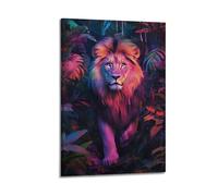 sfjjkh Poster animal lion néon dans la jungle vibrante - Art mural esthétique sur toile pour salon, chambre à coucher - 30 x 45 cm - Style cadre