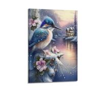 sfjjkh Poster animal oiseau bleu dans un paysage enneigé avec affiche de maison - Art mural esthétique sur toile pour salon, chambre à coucher - 60 x 90 cm - Style cadre