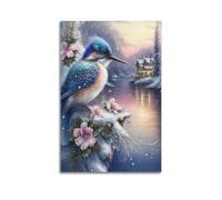 sfjjkh Poster animal oiseau bleu dans un paysage enneigé avec affiche de maison - Art mural esthétique sur toile pour salon, chambre à coucher, 20 x 30 cm - Style sans cadre