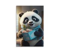 sfjjkh Poster animal panda tenant un coffret cadeau bleu - Impression sur toile esthétique pour salon, chambre à coucher - 50 x 75 cm - Style sans cadre